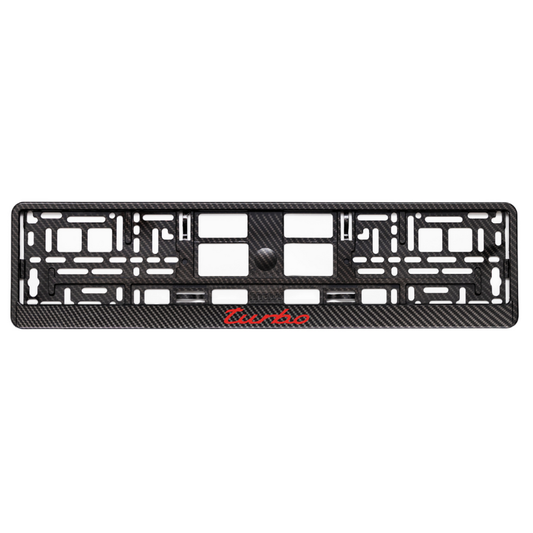 carbon license plate frame with red turbo logo