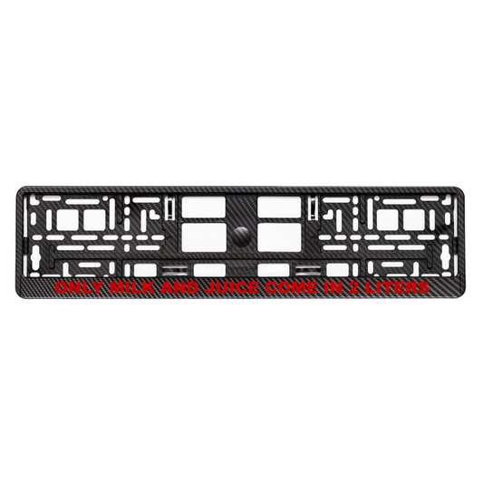 carbon style license plate frame with only milk and juice come in 2 liters red logo