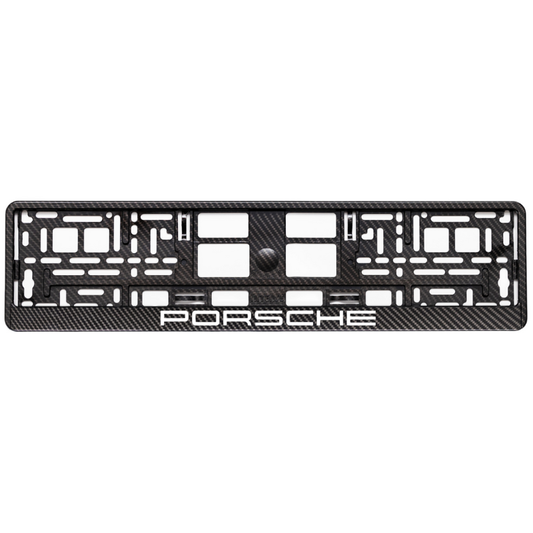 carbon license plate frame with white porsche logo