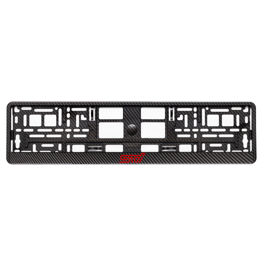 carbon style license plate frame with subaru sti red logo