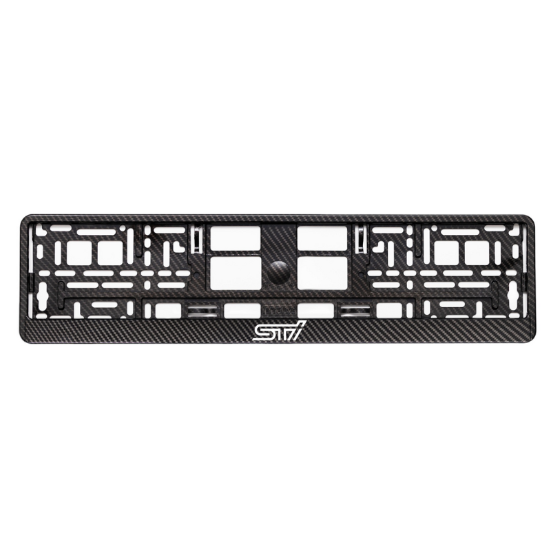 carbon style license plate frame with subaru sti white logo