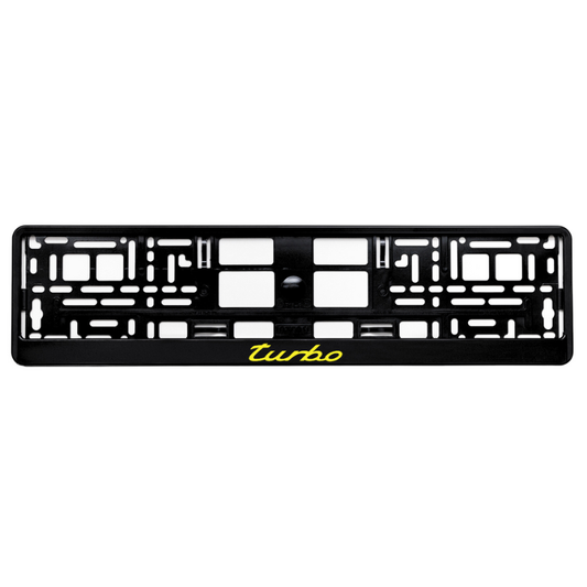 gloss black license plate frame with yellow turbo logo