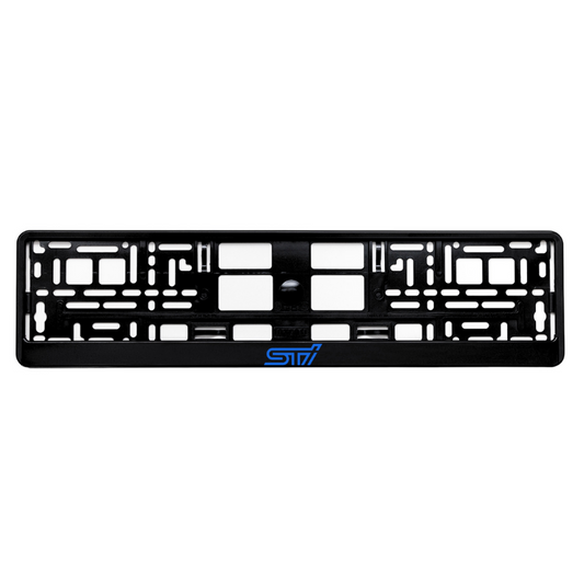 gloss black license plate frame with subaru sti blue logo