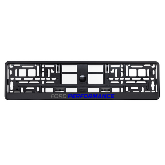 black license plate frame with ford performance blue logo
