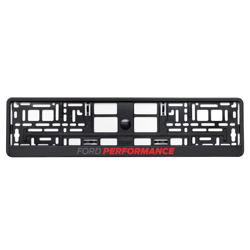 black license plate frame with ford performance red logo