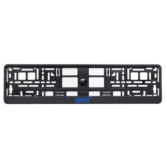 black license plate frame with subaru sti blue logo