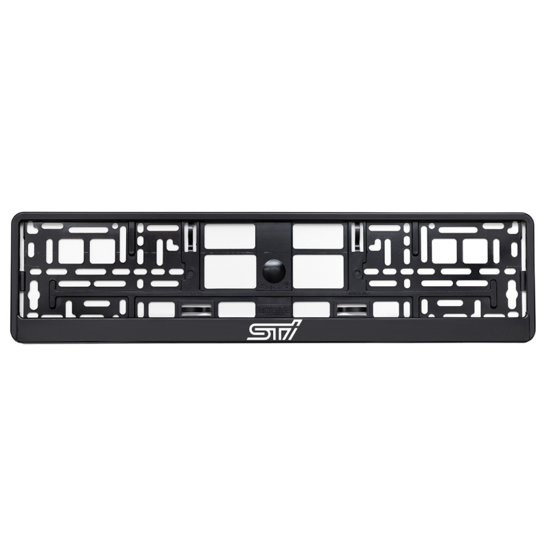 black license plate frame with subaru sti white logo