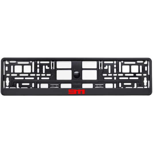 black license plate frame with red 911 logo