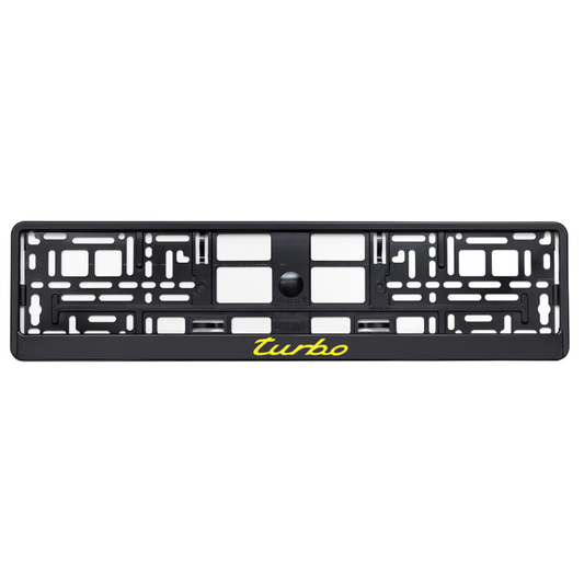 black license plate frame with yellow turbo logo