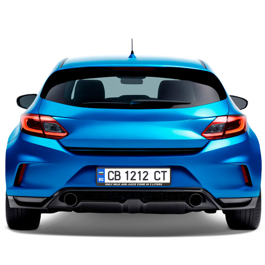 carbon license plate frame with white only milk and juice come in 2 liters on car