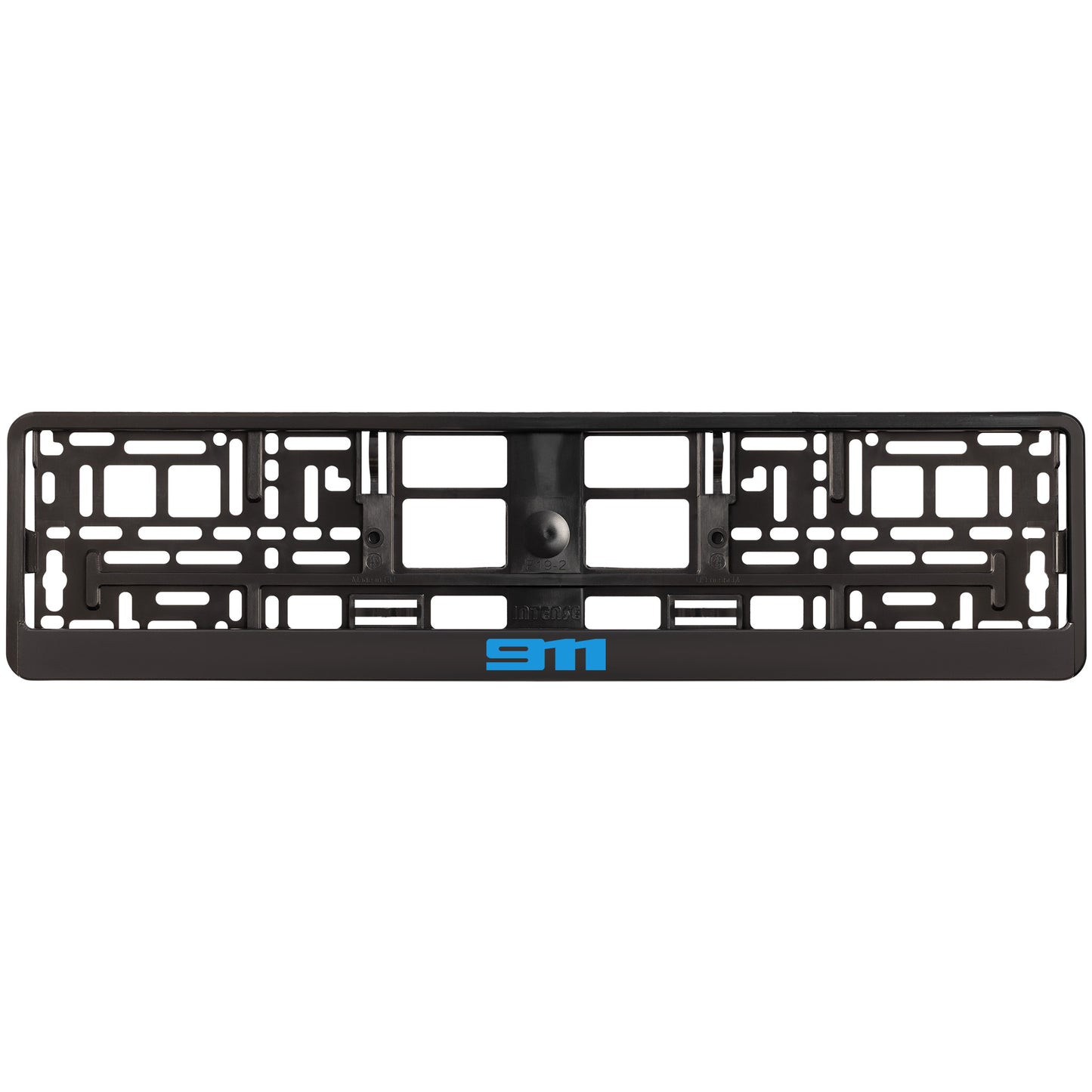 
        black license plate frame with blue cyan 911 logo
     