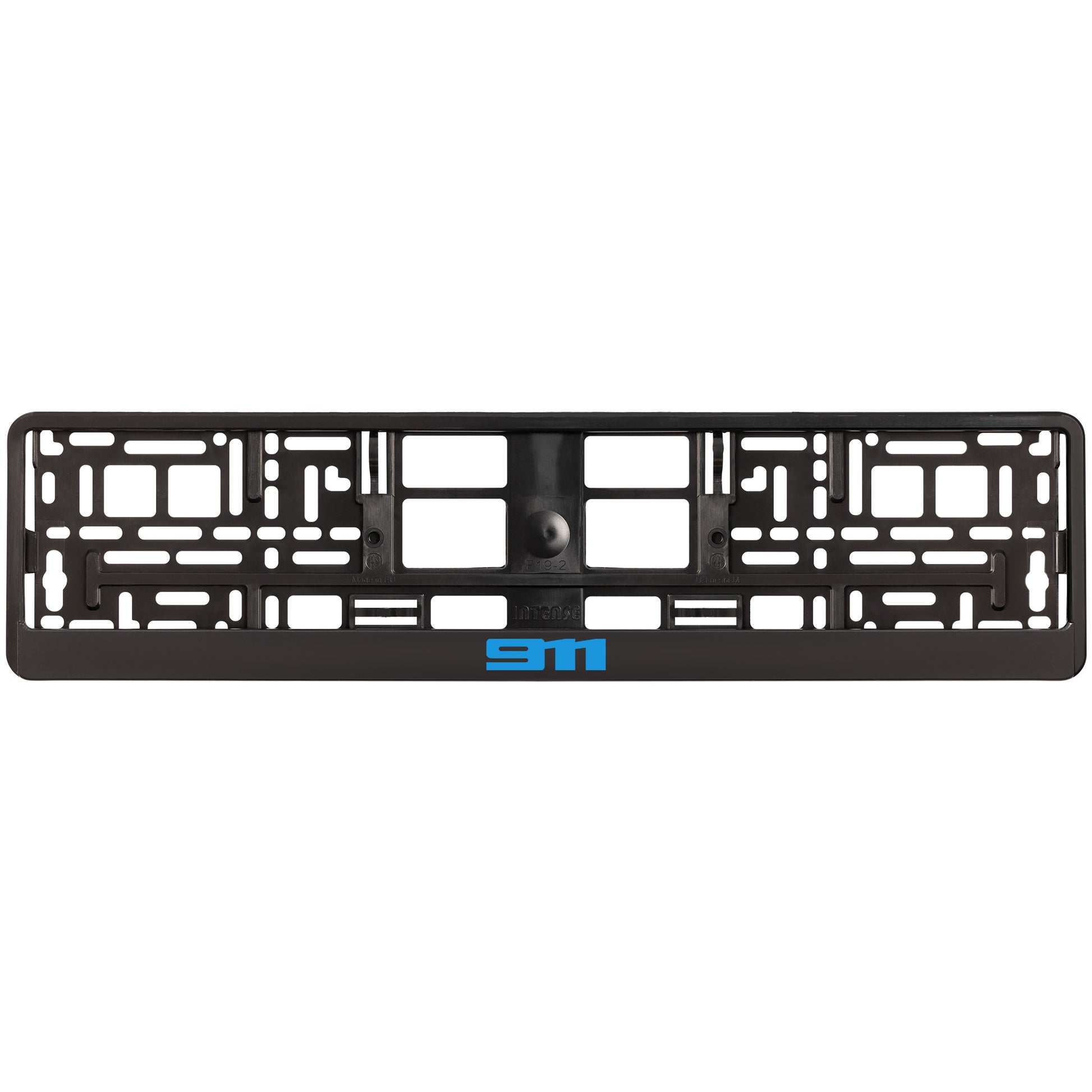 black license plate frame with blue cyan 911 logo