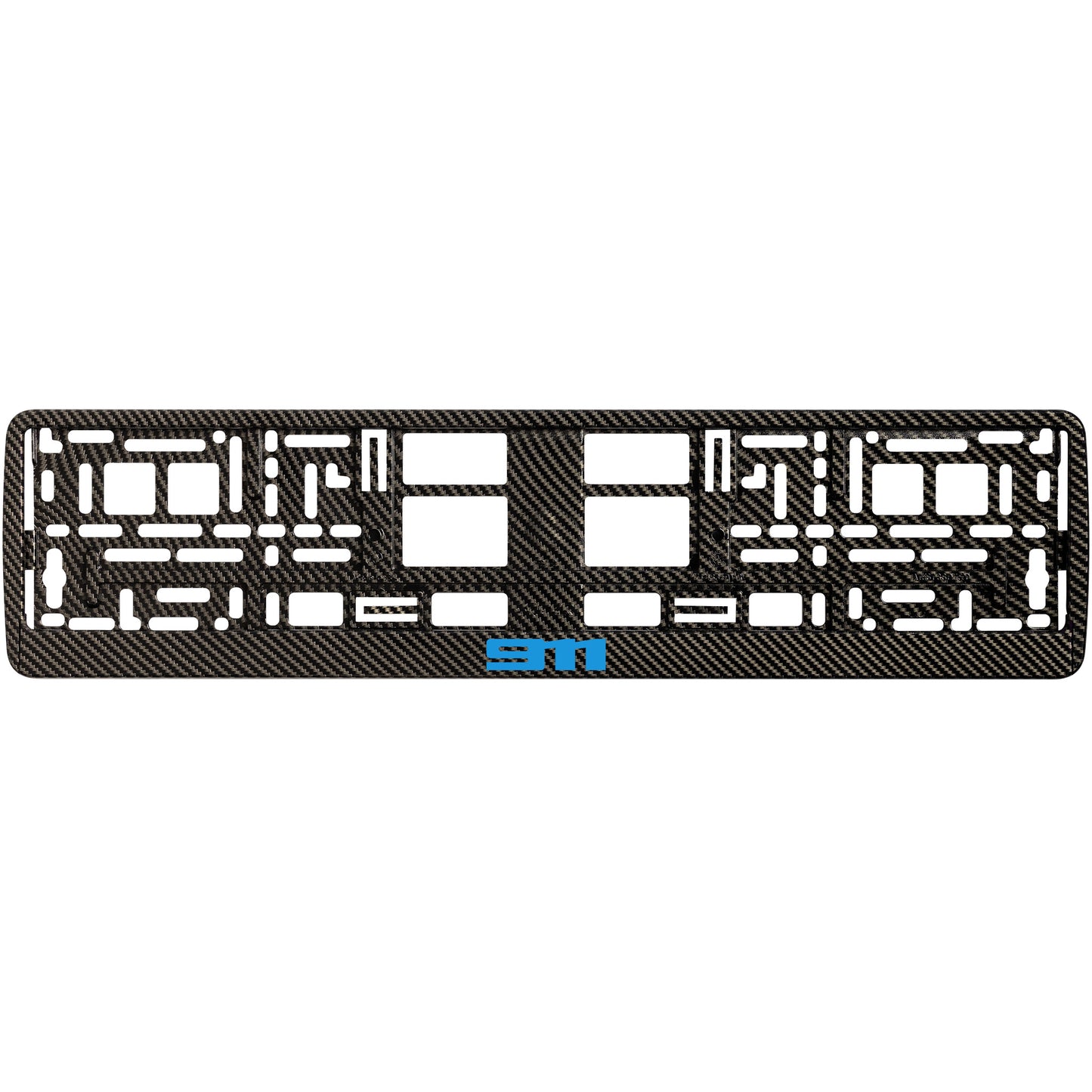 
        Carbon style license plate frame with blue cyan 911 logo
     