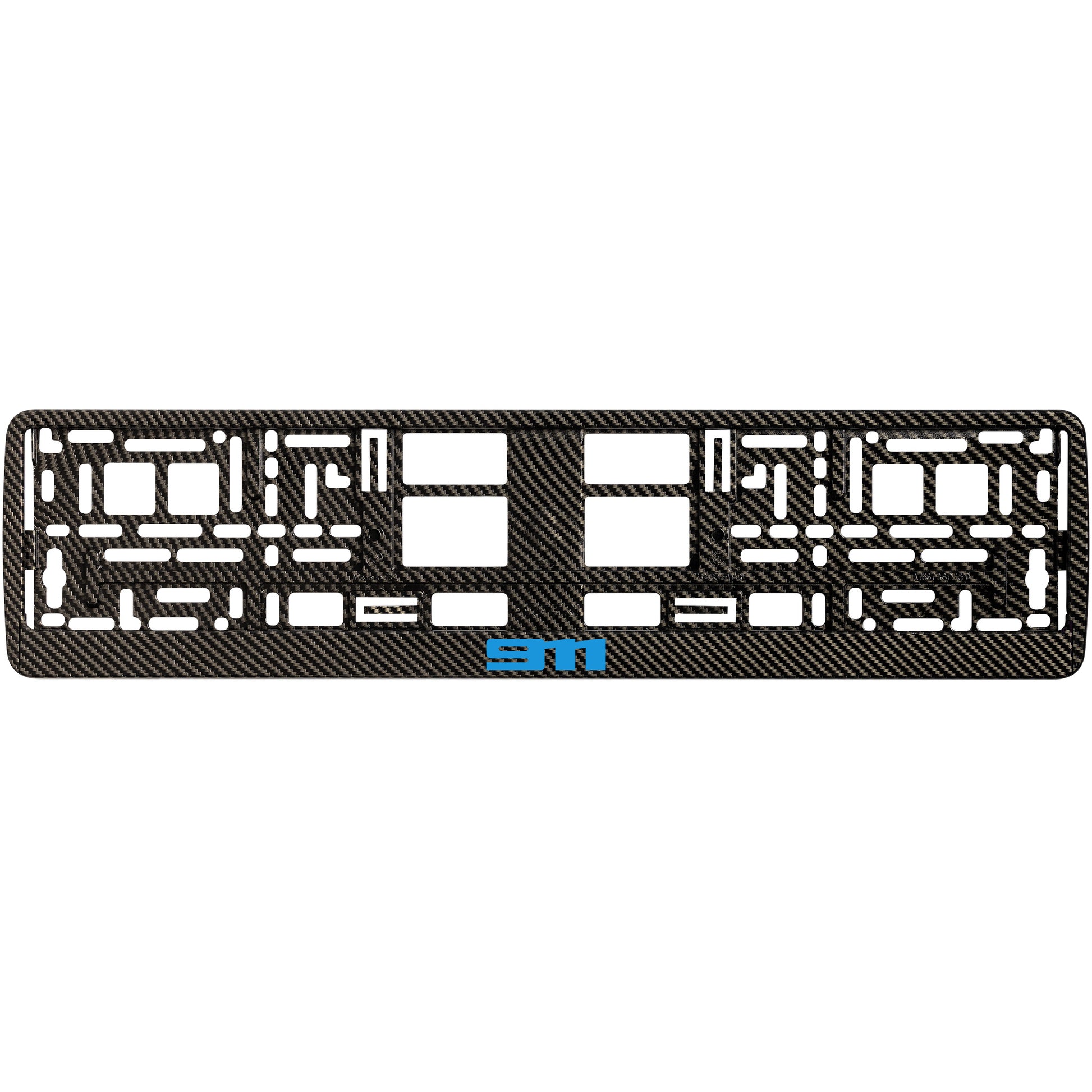 Carbon style license plate frame with blue cyan 911 logo