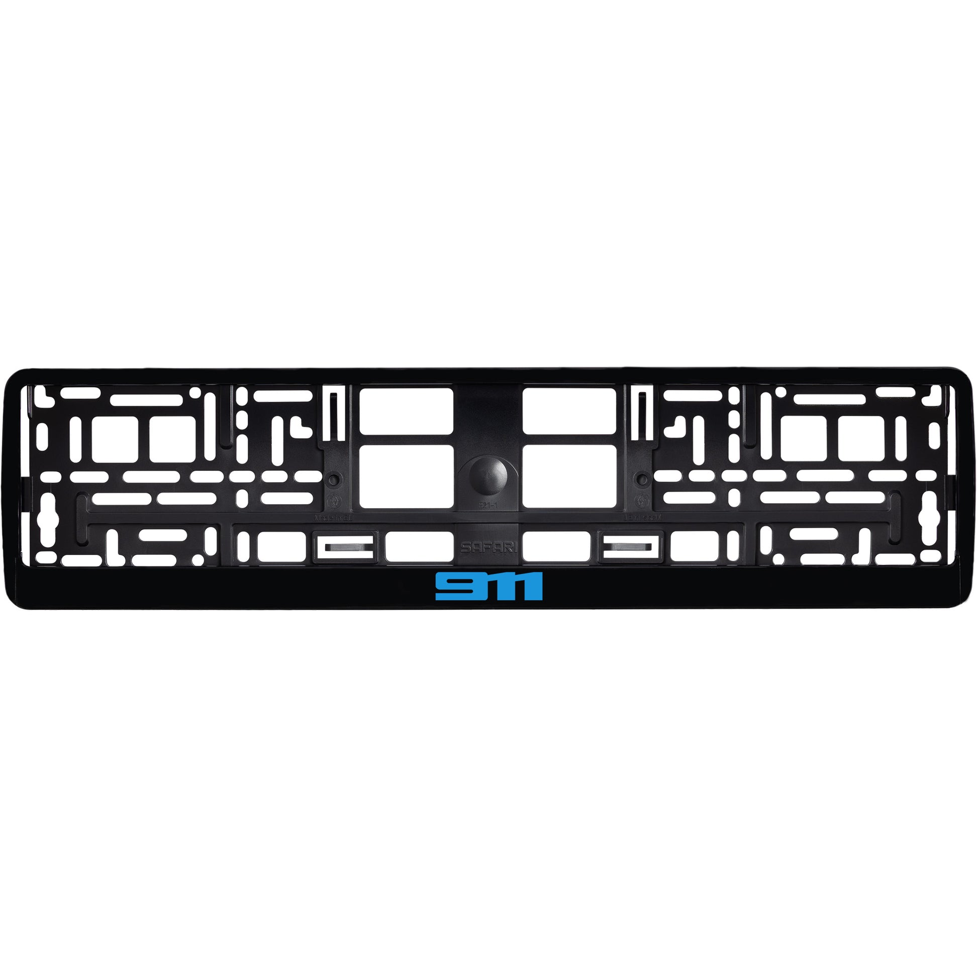 gloss black license plate frame with blue cyan 911 logo