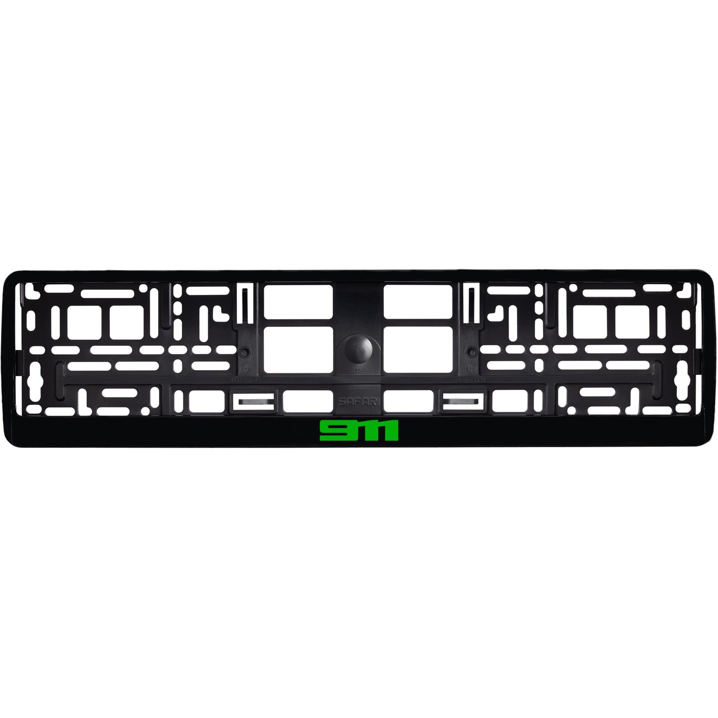 
        gloss black license plate frame with green 911 logo
     