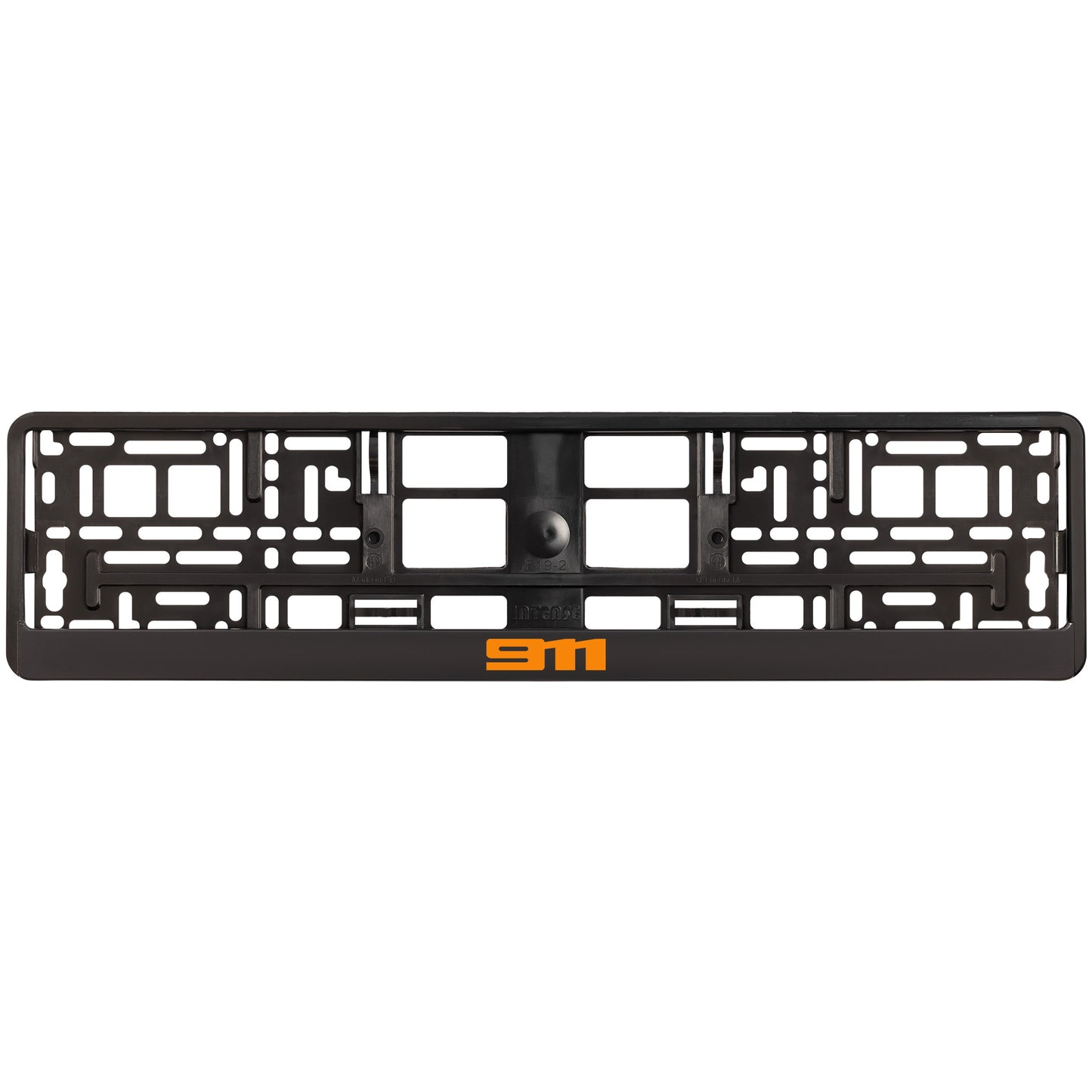 
        black license plate frame with orange 911 logo
     