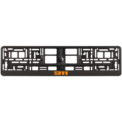 black license plate frame with orange 911 logo