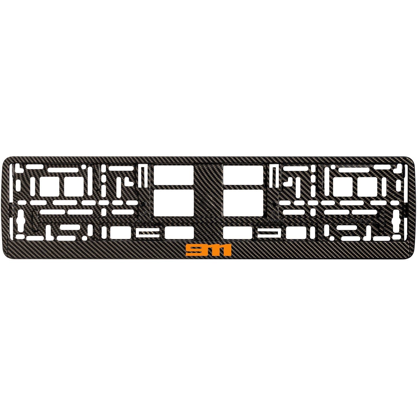
        Carbon style license plate frame with orange 911 logo
     