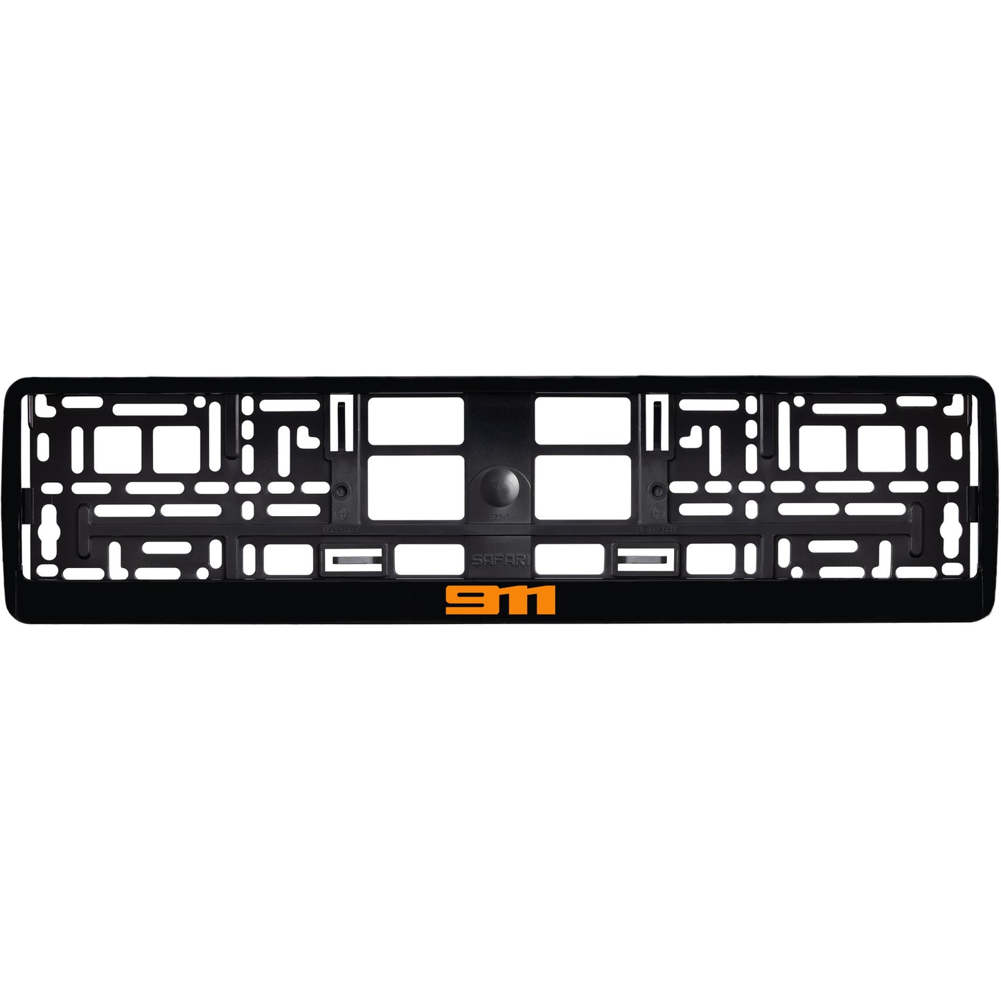 
        gloss black license plate frame with orange 911 logo
     