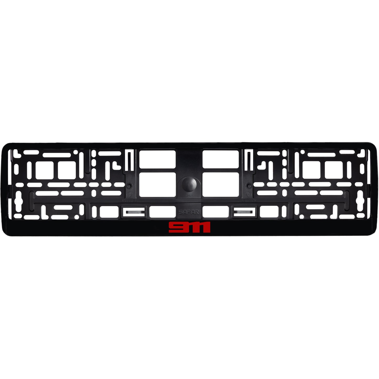 
        gloss black license plate frame with red 911 logo
     