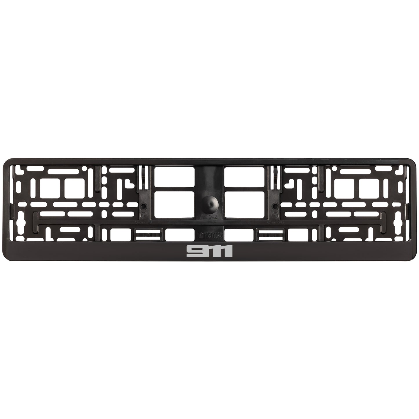 
        black license plate frame with silver 911 logo
     