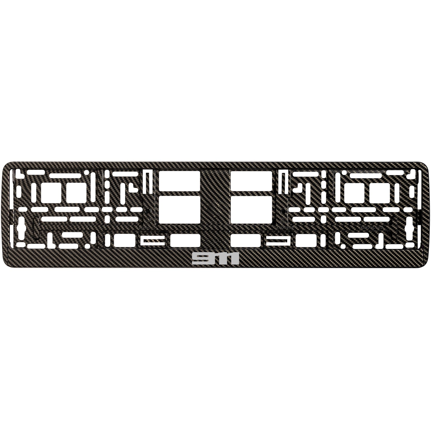 
        Carbon style license plate frame with silver 911 logo
     