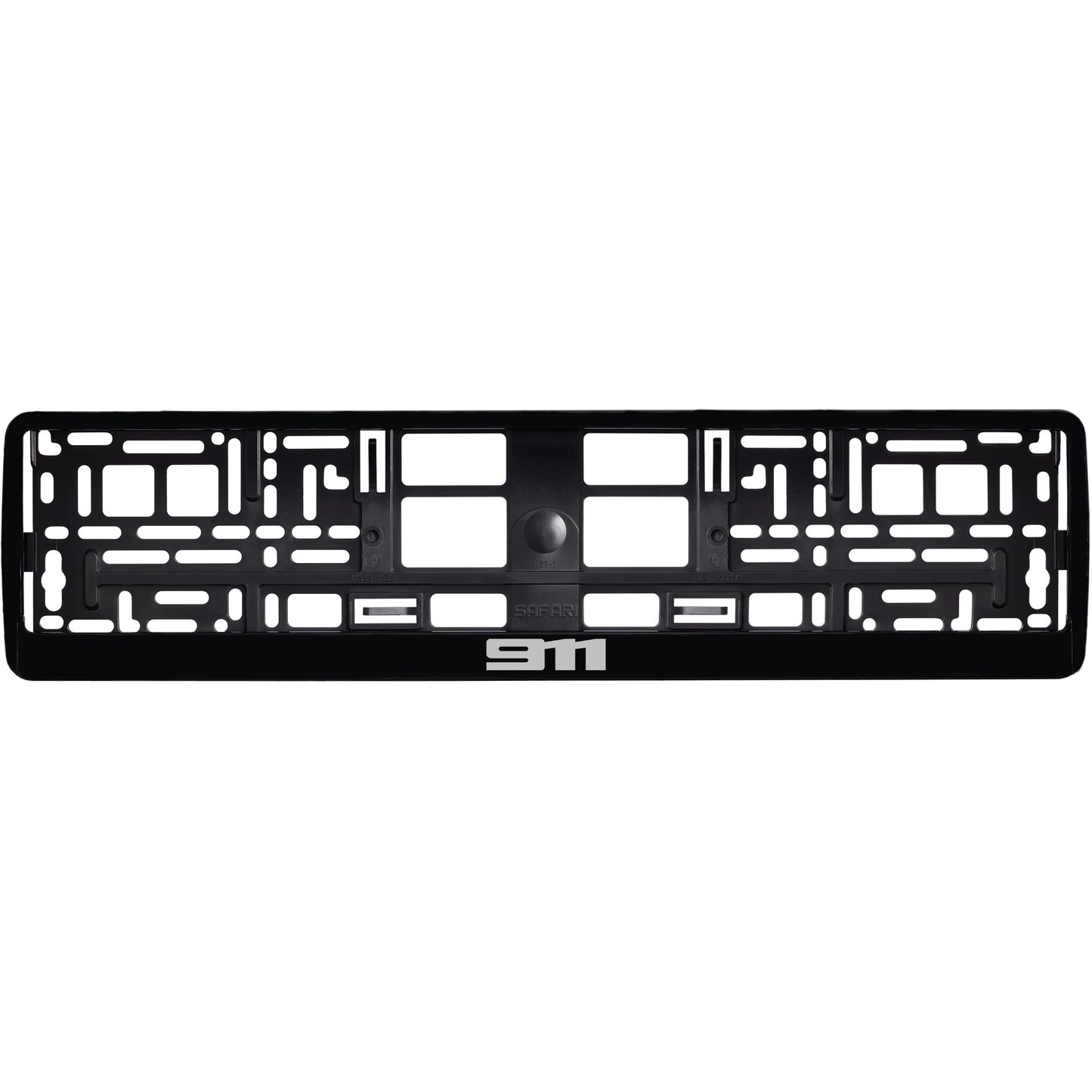 
        gloss black license plate frame with silver 911 logo
     