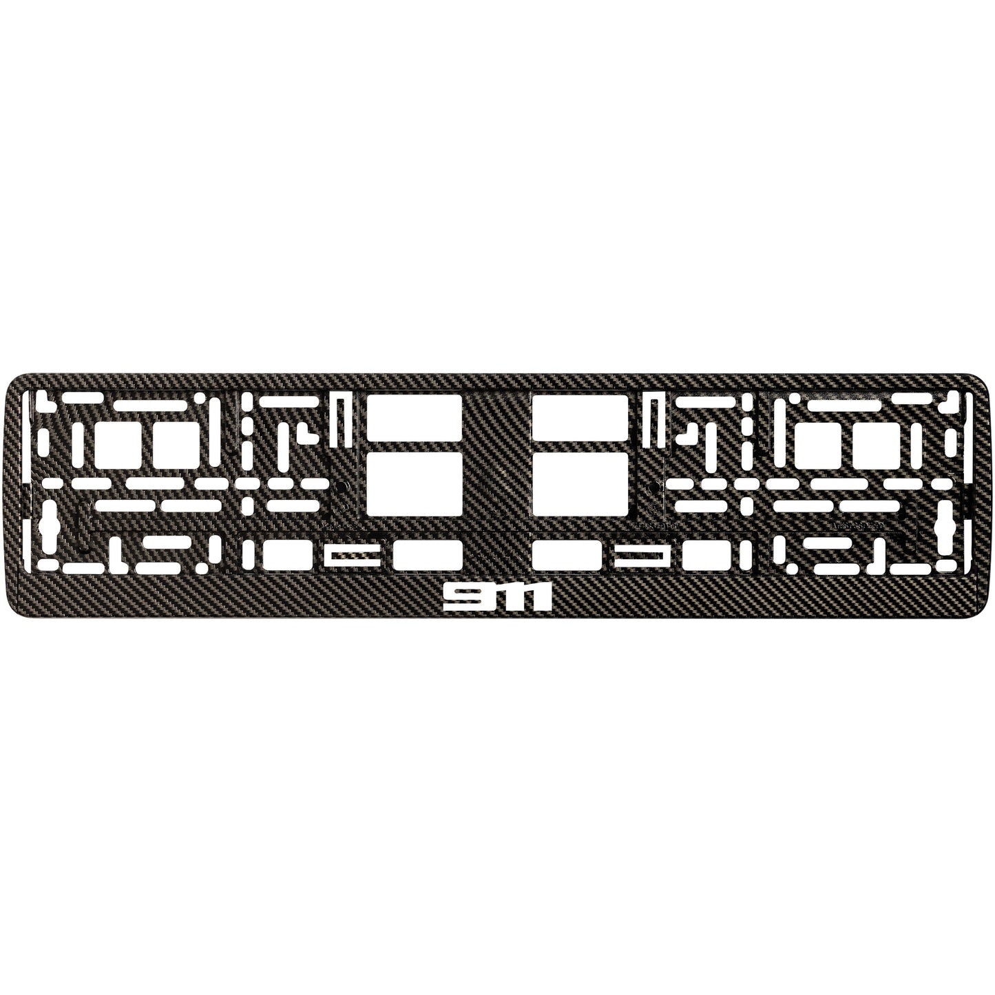 
        Carbon style license plate frame with white 911 logo
     