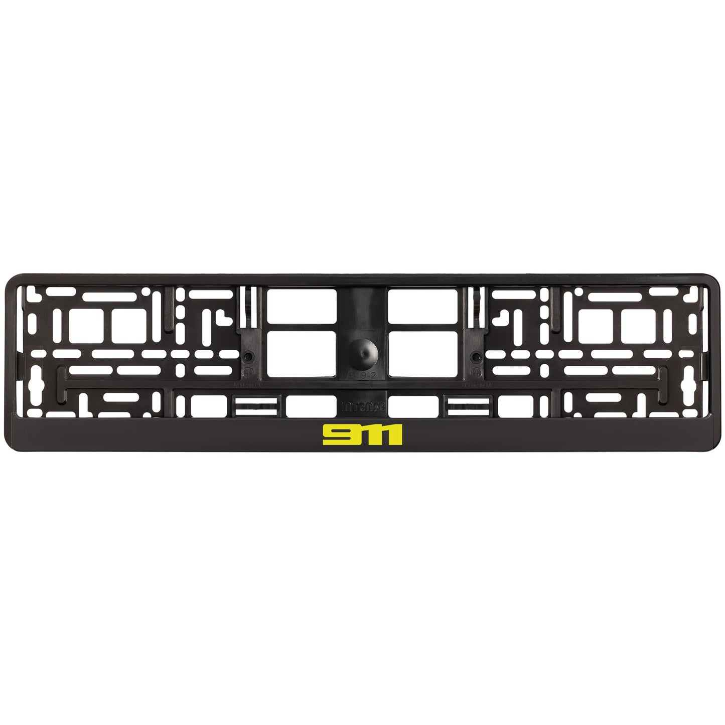 
        black license plate frame with yellow 911 logo
     