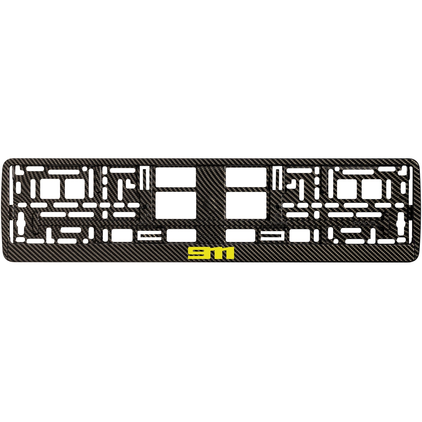 
        Carbon style license plate frame with yellow 911 logo
     