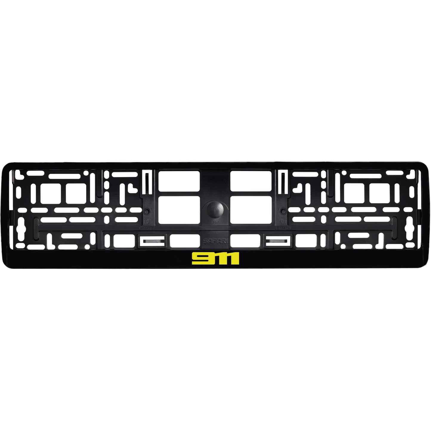 
        gloss black license plate frame with yellow 911 logo
     