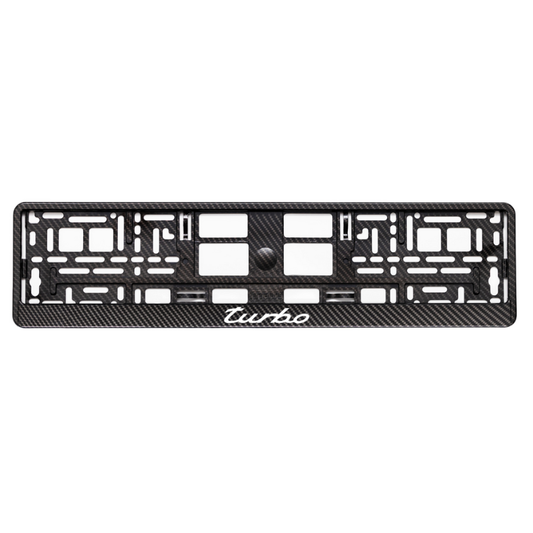 carbon license plate frame with white turbo logo