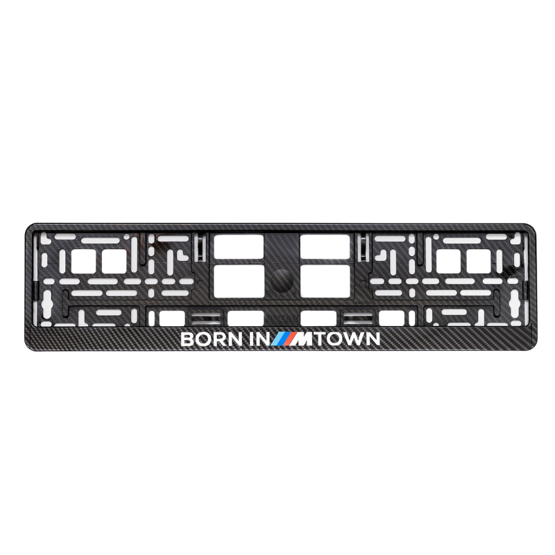carbon style license plate frame born in m town logo