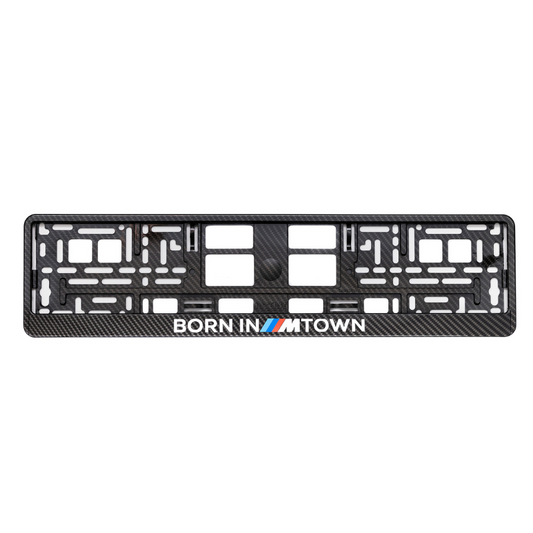 carbon style license plate frame born in m town logo