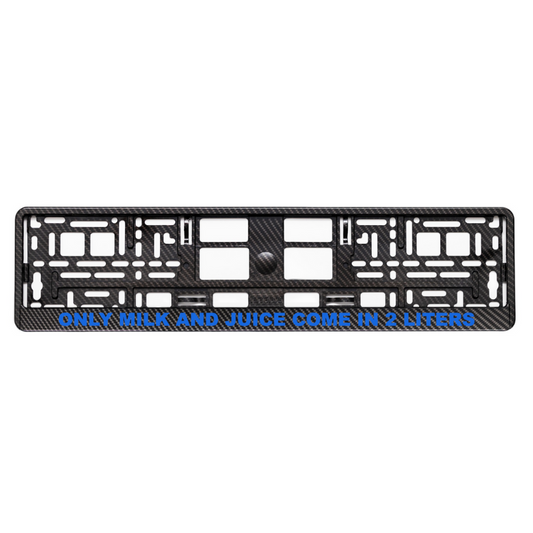 carbon style license plate frame with only milk and juice come in 2 liters blue logo