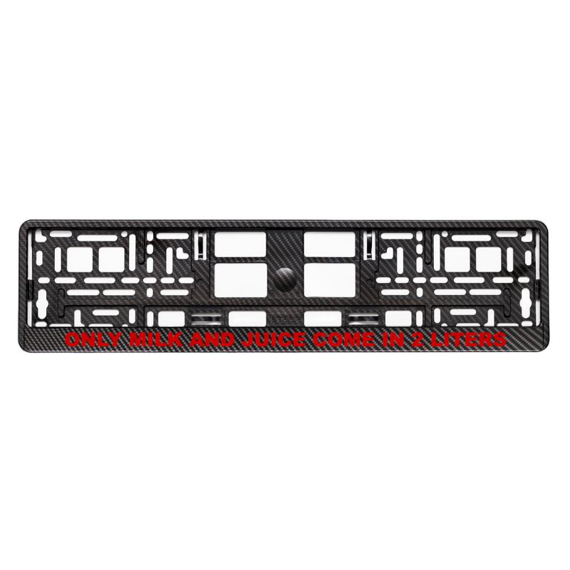 
        carbon style license plate frame with only milk and juice come in 2 liters red logo
     