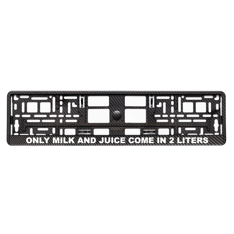 
        carbon style license plate frame with only milk and juice come in 2 liters white logo
     