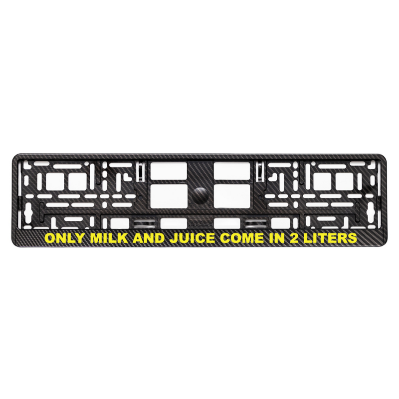 
        carbon style license plate frame with only milk and juice come in 2 liters yellow logo
     