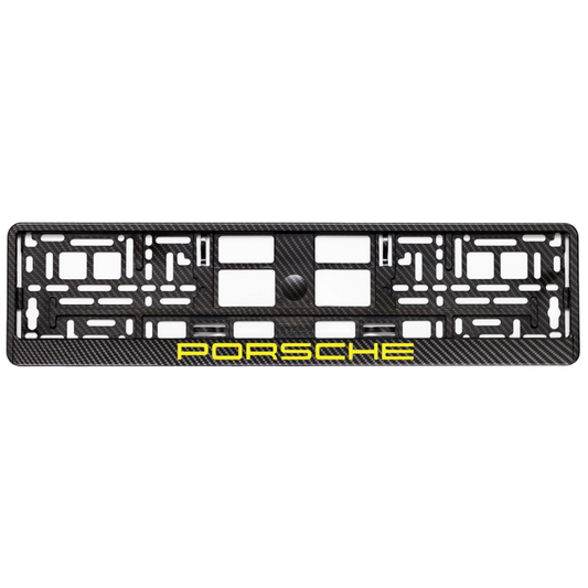 carbon license plate frame with yellow porsche logo