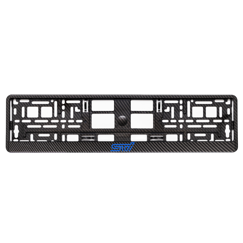 
        carbon style license plate frame with subaru sti blue logo
     