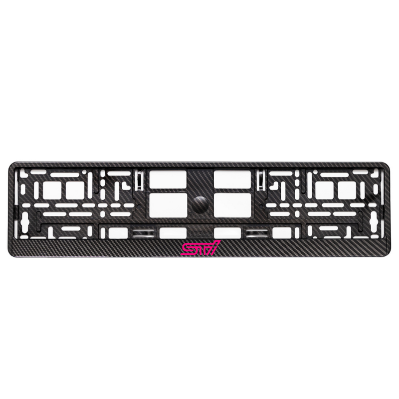 
        carbon style license plate frame with subaru sti purple logo
     