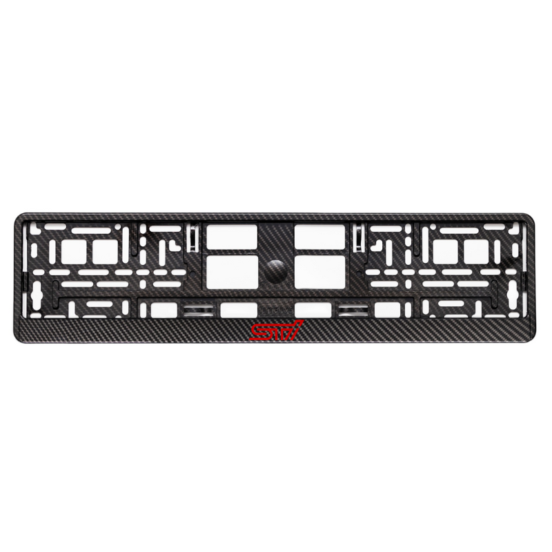carbon style license plate frame with subaru sti red logo