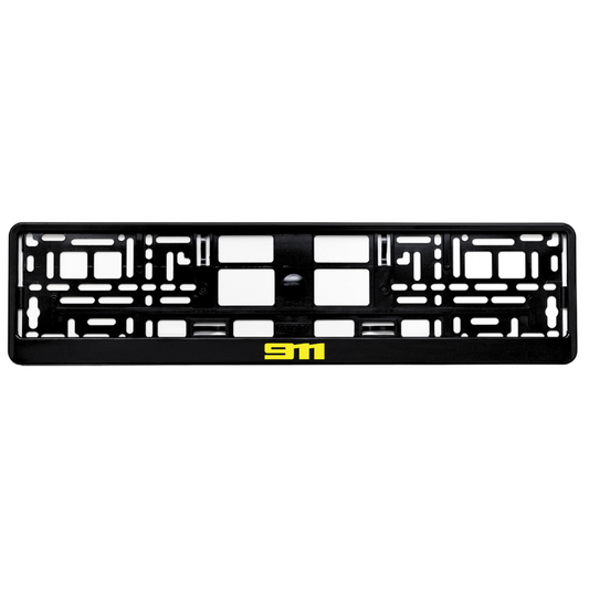 gloss black license plate frame with yellow 911 logo