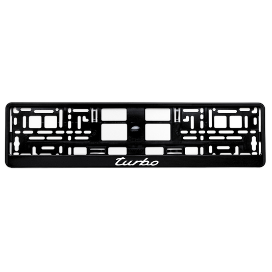 gloss black license plate frame with white turbo logo