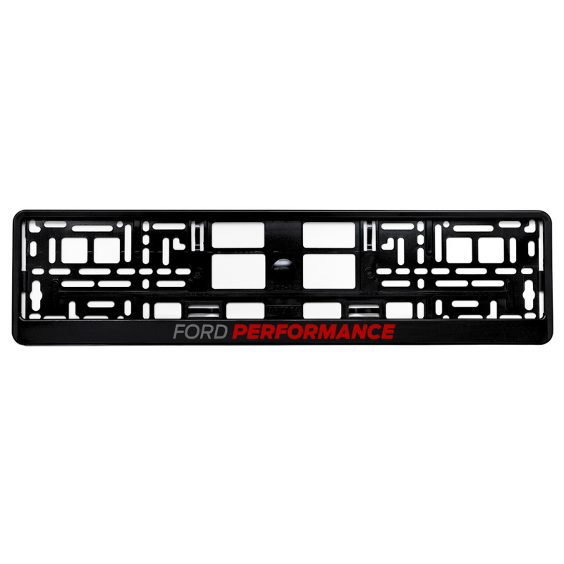 
        gloss black license plate frame with ford performance red logo
     