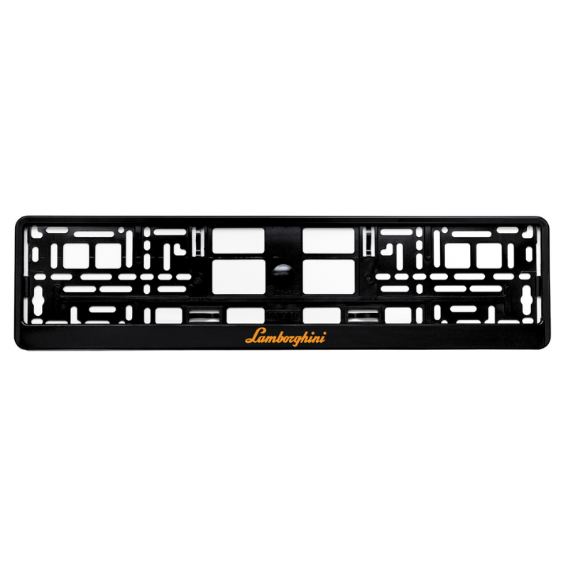 
        gloss black license plate frame with orange lamborghini logo
     