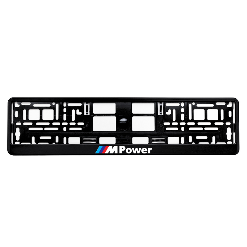 
        gloss black license plate frame with m power logo
     