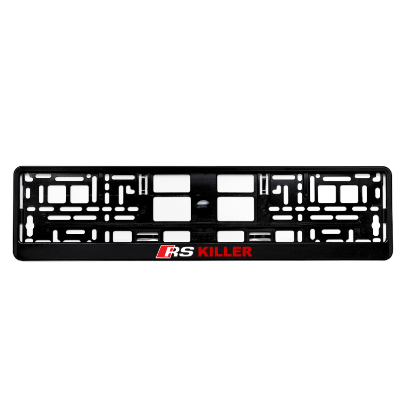 
        Gloss Black License Plate frame with red rs killer logo
     