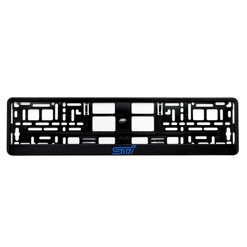 
        gloss black license plate frame with subaru sti blue logo
     
